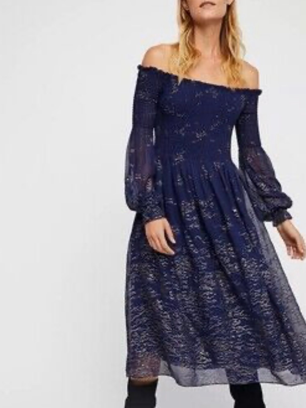 FREE PEOPLE Foiled Smocked Midi Dress In Blue Combo Size S